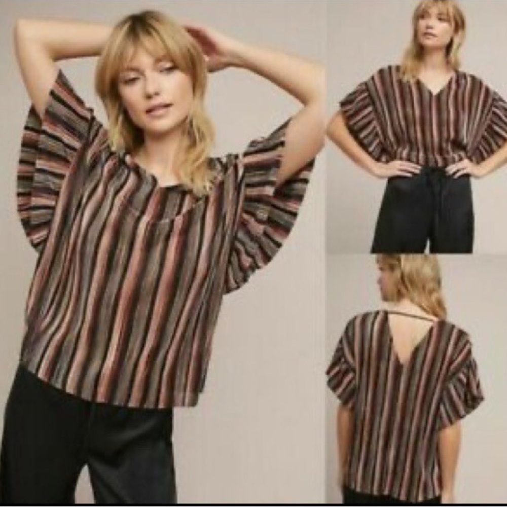 Anthropologie Vanessa Virginia Women’s Pleated Striped Metallic Blouse Boho‎ XS